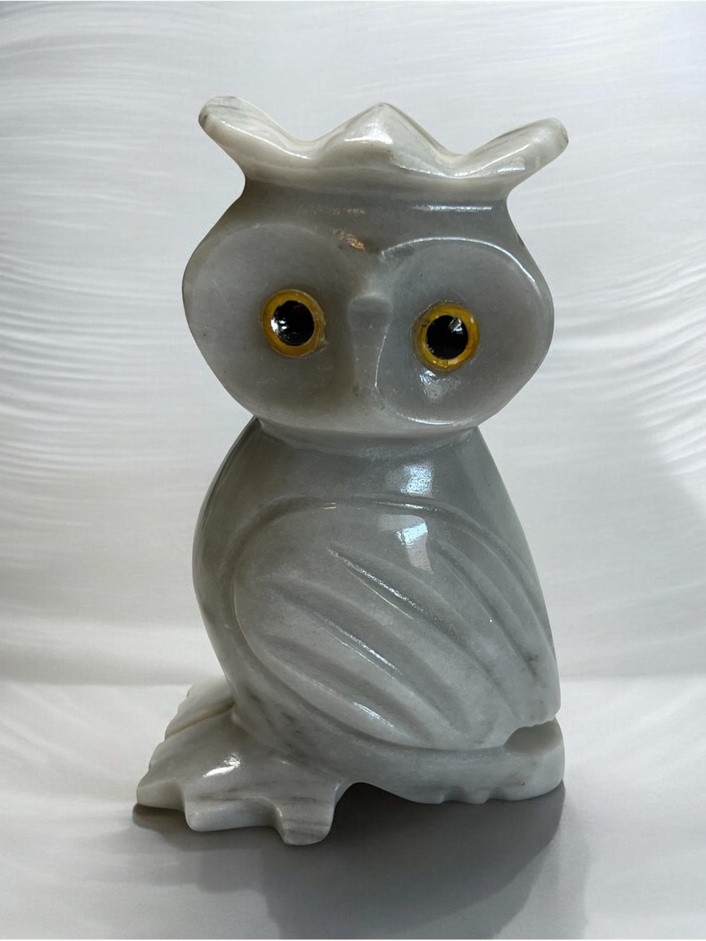 Carved Gray Stone Owl Figurine 6 Inch Decorative Collectible Gold-Tone Eyes.